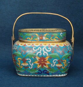 古い中国七宝焼　景泰藍草花紋手あぶり香炉　香具　唐物　文物　中国美術工芸品　