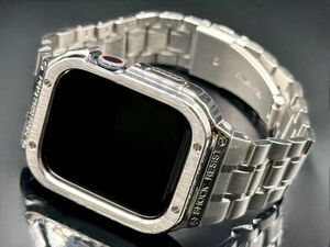 Apple Watch ステンレスバンド　カバー　アップルウォッチ　メタルケース　一体型ベルト　44mm 45mm シルバー