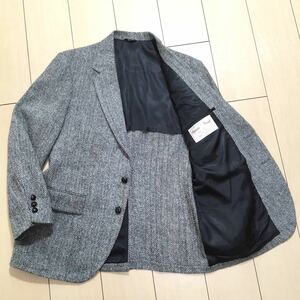 極美品★ハリスツイード ツイード ジャケット Harris Tweed ヘリンボーン ブラック系 黒 白 クルミ釦 メンズ 秋冬 L位 A227