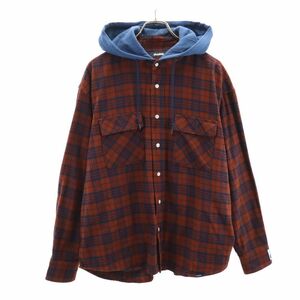  XLarge check pattern long sleeve with a hood . shirt M brown group XLARGE men's 240118