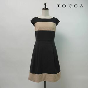 美品 TOCCA トッカ ツートンカラー セミスリーブ フレアワンピース 膝丈 裏地あり レディース 黒 ベージュ サイズ2*LC500