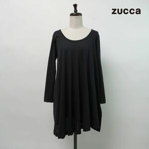 美品 ZUcca ズッカ アシンメトリー ワイドネック フレア 長袖チュニックカットソー トップス レディース 黒 ブラック サイズM*LC507