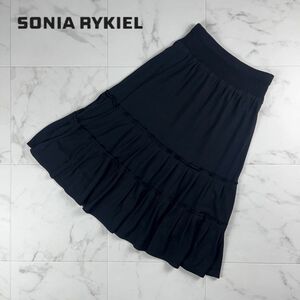 美品 SONIA RYKIEL ソニア リキエル ティアードタックフレアスカート 膝丈 裏地あり レディース ボトムス 黒 ブラック サイズ34*LC481