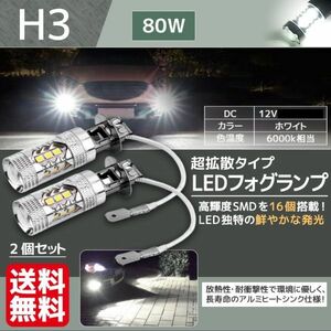 H3 LED バルブ フォグランプ フォグライト 12V 24V 爆光 高輝度 80W LEDバルブ ホワイト トラック 白 2個セット 送料無料 Lc3c
