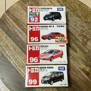 トミカ 赤箱 ミニカー 92/96/96/99 トヨタ ラクティス/マツダ RX-8/トヨタ セリカ/日産 セレナ/4台セット 赤ロゴ