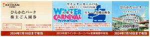 [普通郵便は送料無料] ひらかたパーク 無料入園券 パーク入園券ウインターカーニバル(スケート)入場券貸靴引換券 他 株主優待券 1-4枚