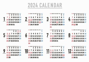 2024年 シンプル年表カレンダー B3サイズ(364×515mm) 1枚 お風呂ポスター 壁掛け シンプル 大判 日付 曜日
