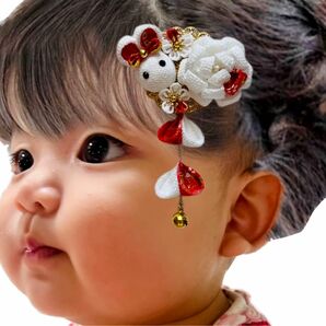 白×赤　うさはなゆらゆら　七五三　3歳　つまみ細工　髪飾り　ベビー　幼児