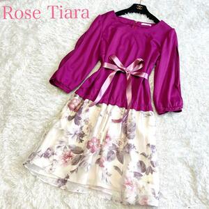 美品　Rose Tiara ローズティアラ ひざ丈ワンピース42 XL チュール 赤紫 オフホワイト 花柄 シアー袖 大きいサイズ