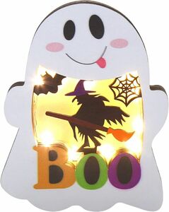 テーブルライト 卓上 置物 LED 電池式 ライト付き 室内 装飾 電飾 かわいい 木製 Halloween 飾り付け (幽霊