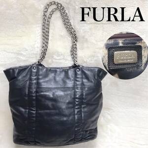 大容量 FURLA オールレザー チェーン トートバッグ ショルダーバッグ 黒 フルラ