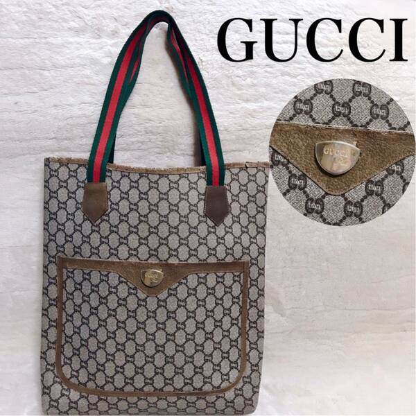 オールドグッチ GUCCI PLUS PVC 大容量 トートバッグ レザー 総柄 シェリーライン GGプラス ショルダーバッグ