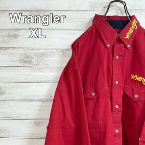 Wrangler ラングラー 長袖ボタンダウンシャツ 刺繍ロゴ レッド 胸ポケット付き メンズ XLサイズ