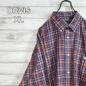 ORVIS オービス 長袖シャツ ブルー オレンジ レッド チェック メンズ XLサイズ