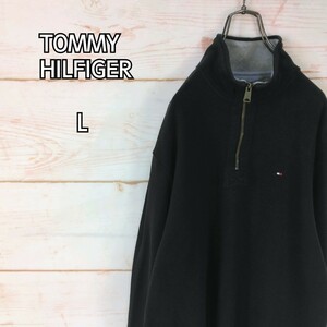 TOMMY HILFIGER トミーヒルフィガー ハーフジップ コットンニット スウェット ワンポイントロゴ フラッグ刺繍 ブラック メンズ Lサイズ