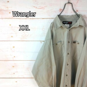 Wrangler ラングラー 長袖ワークシャツ レザーロゴ ベージュ 大きいサイズ メンズ XXLサイズ
