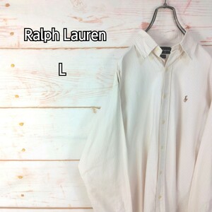Ralph Lauren ラルフローレン 長袖ボタンダウンンシャツ ワンポイントロゴ ポニー刺繍 オレンジ系 ストライプ メンズ Lサイズ相当