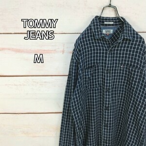 TOMMY JEANS トミージーンズ 長袖シャツ フラッグ刺繍 ネイビー系 チェック メンズ Mサイズ