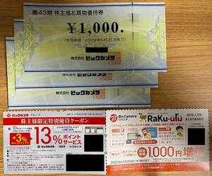 送料無料★ビックカメラ 株主優待券 3枚セット（3000円分） 使用期限 2024/5/31