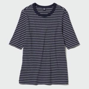 UNIQLOリブボーダークルーネックTシャツ5分袖＊ネイビー/ホワイトXLサイズ