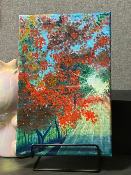 「紅葉と光」　手描き　油絵　風景画　原画
