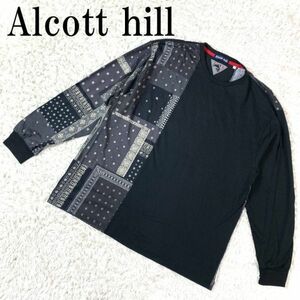 Alcott hill アルコットヒル 切り替えカットソー 黒 ロングTシャツ ロンTEE 長袖カットソー ペイズリー柄 ブラック コットン 50 B4400