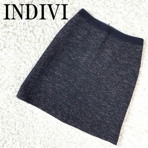 INDIVI インディヴィ 台形スカート ネイビー ピンク 紺色 ウール アクリル ポリエステル レーヨン ナイロン ツイード 38 B4414