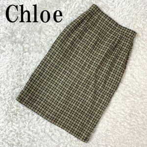 Chloe クロエ ツイードチェックタイトスカートブラウン系カジュアル タイトスカート バックセンタースリット入り ポケット無 40 B4488