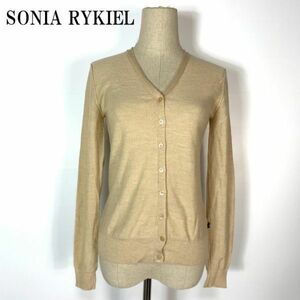 ソニアリキエル長袖ボタンニットカーディガンベージュSONIA RYKIEL ウール100％ Vネック リブニット 38 B4556