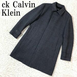 ck Calvin Klein チェスターコート グレー シーケーカルバンクライン 千鳥格子 総柄 ウール100％ ステンカラーコート 36 B4693