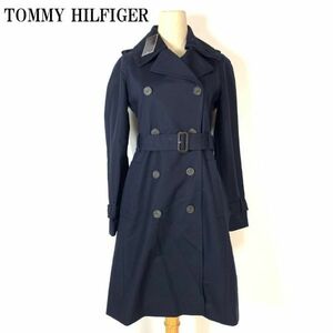 トミーヒルフィガー 新品タグ付きベルト付きトレンチコートネイビーTOMMY HILFIGER カジュアル ビジネス オフィス ダブルボタン S B4740