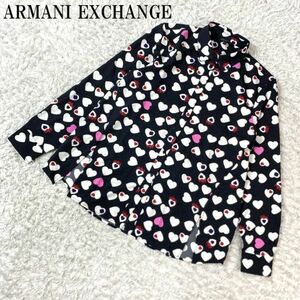 アルマーニエクスチェンジハート総柄長袖ボタンシャツブラック系ARMANI EXCHANGE カジュアル フロント両サイドスリット入り L B4776