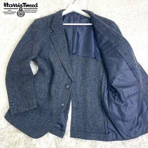 124美品希少色 ネイビー L ハリスツイード Harris Tweed ウール テーラードジャケット 背抜き ２つボタン センターベント 見開き 