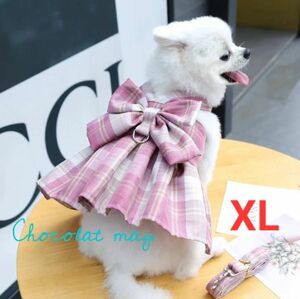 ペット　犬　服　ドック　ワンピース　ピンク　チェック　プリーツ　XLサイズ　お散歩　ハーネス　ペット用品　女の子　リード付き　　