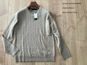 新品訳有り ARTISAN MEN アルチザン メン カシミヤ100% クルーネック ケーブルニット Mサイズ 15キャメル 34KE01 定価36,300円