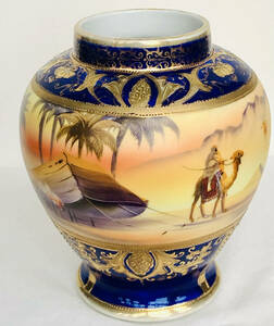 １９１０年代　 　　　オールドノリタケマルキ印英国に輸出された金彩ハンドペイント夕焼けの砂漠パターン花瓶