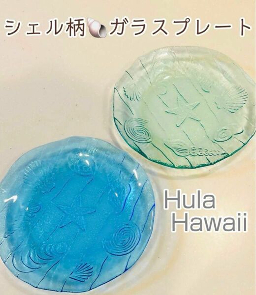 美品　HulaHawaii フラハワイ　SeaCodeシーコード　シェル　貝　ガラスプレート　クリア　皿　マリン　海　南国　サーフ