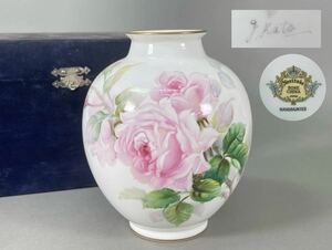 ノリタケ ハンドペイント G.Katoサイン 花瓶 Noritake handpainted ピンクローズ 薔薇 花器 花入 箱付