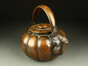 【宇】AC265 銅製 槌目 阿古陀形水注 煎茶道具
