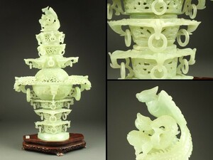 【宇】BA000 中国古玩 大振 玉製遊環香炉 唐木台付 高さ67cm 箱付