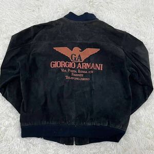 Lサイズ ジョルジオアルマーニ GIORGIO ARMANI ブルゾン ジャケット アウター 刺繍 レザー スエード ブラック ロゴ ライダース