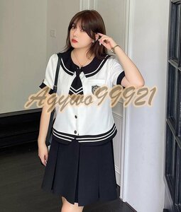 大人気 2L～6L 大きいサイズ 学生風 セーラー服 バイカラー トップス+スカート ２set 5L ブラック(ロング丈)