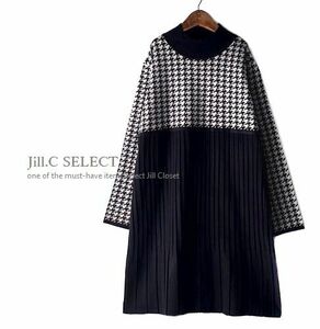 JillC [ 新品 グレー×ブラック］ 送料185円 伸縮◎千鳥格子チェック柄*モックネック*異素材切替*プルオーバー*チュニックワンピース3716