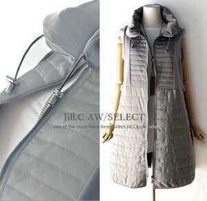 Jill.C［新品］ 送料185円 伸縮◎ 薄中綿キルト＆裏シャギー*調整コード付*重着レイヤード*フロントジッパー*ロングベスト3664.l/gray