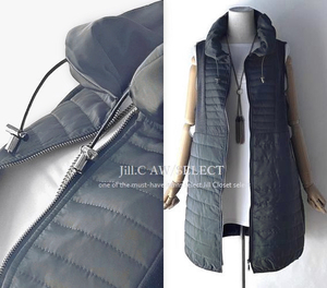 Jill.C［新品］ 送料185円 伸縮◎ 薄中綿キルト＆裏シャギー*調整コード付*重着レイヤード*フロントジッパー*ロングベスト3664.charcoal