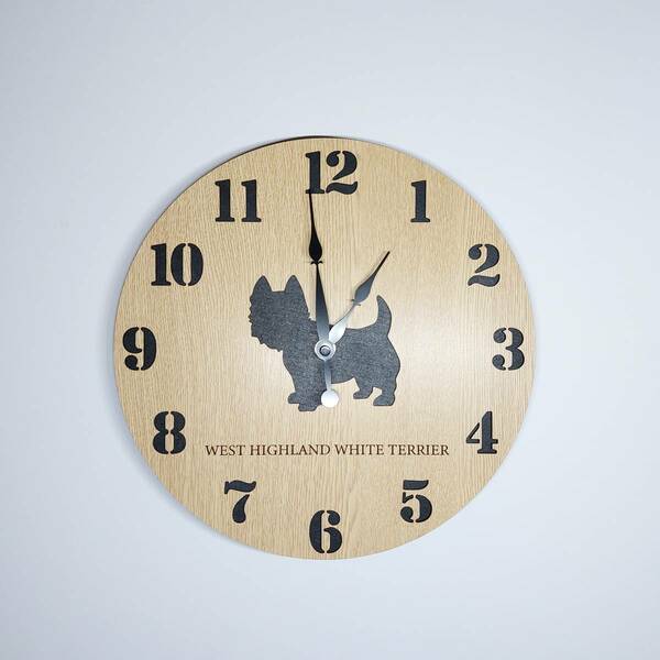 名入れ・文字入れ ウエストハイランドホワイトテリア　ウェスティ 壁掛け丸時計 ベージュ木目 静音時計