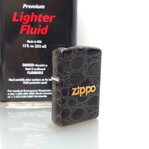 未使用 90s ヴィンテージ ZIPPO ジッポ ジッポー 6面 ワニ革 ブラック クロコダイル クロコ 本革 レザー 黒 ゴールド 立体 ロゴ 純正灰皿付