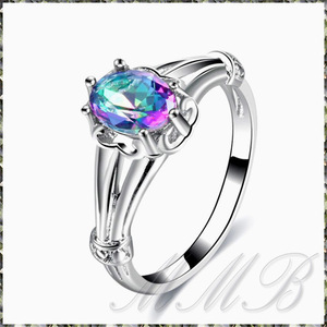 [RING] Silver Rainbow Fire Mystic Topaz Oval Cz 8mm レインボー ミスティック トパーズ CZ スリーライン シルバーリング 14号