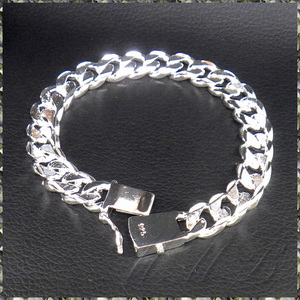 [BRACELET] 925 Sterling Silver Plated シルバー スクエア ロック 喜平チェーン センター削り ブレスレット 10x205mm (31g)