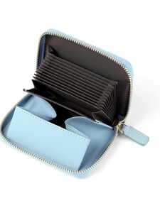 本革　ミニ財布　カードケース　ラウンドファスナー　コンパクト財布　ブルー
